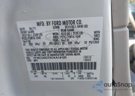 2012 Ford Escape Xlt из США, поврежденный, VIN 1FMCU0D75CKA14120